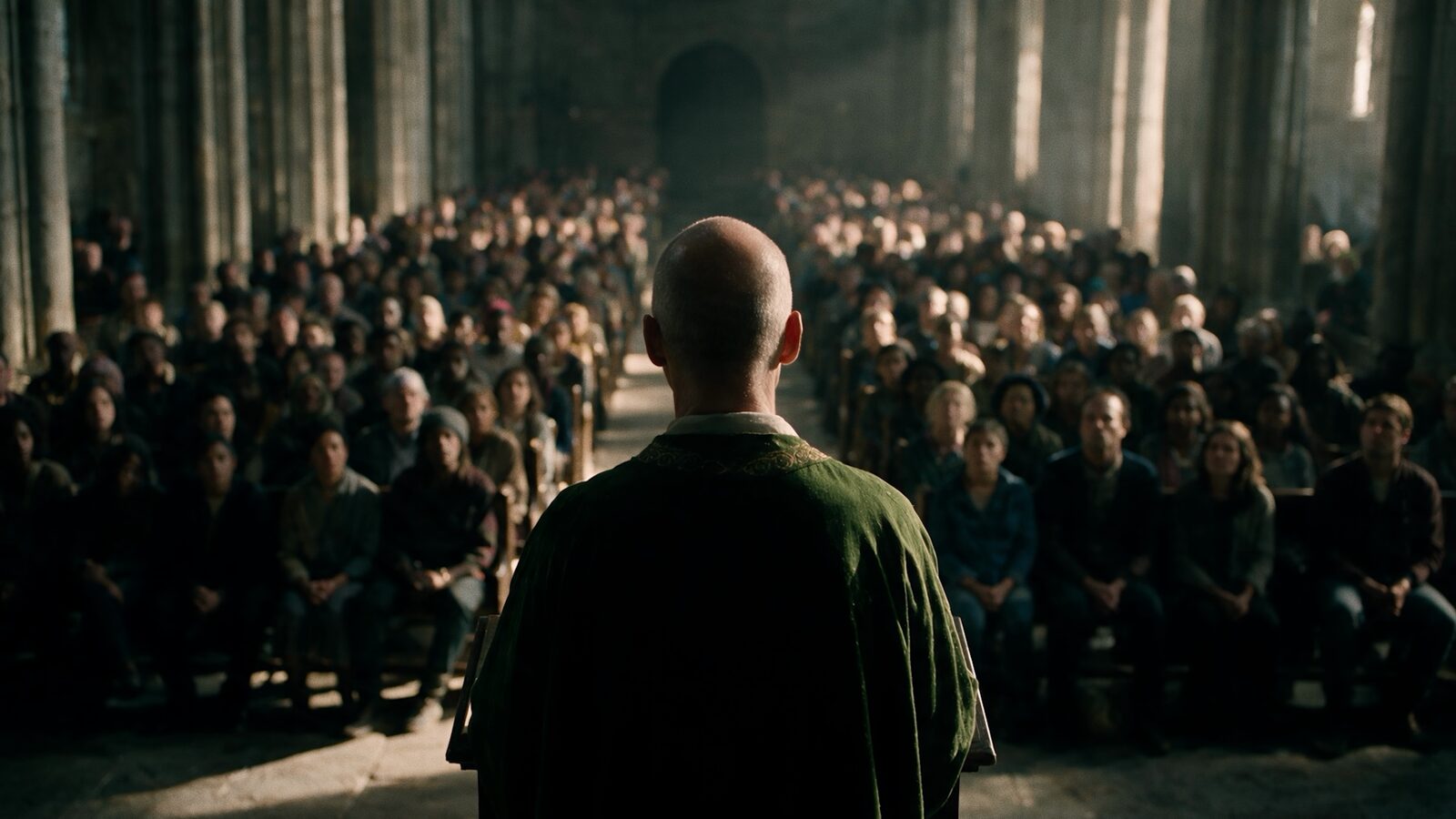 A priest seen from behind, facing a full congregation in a cathedral.