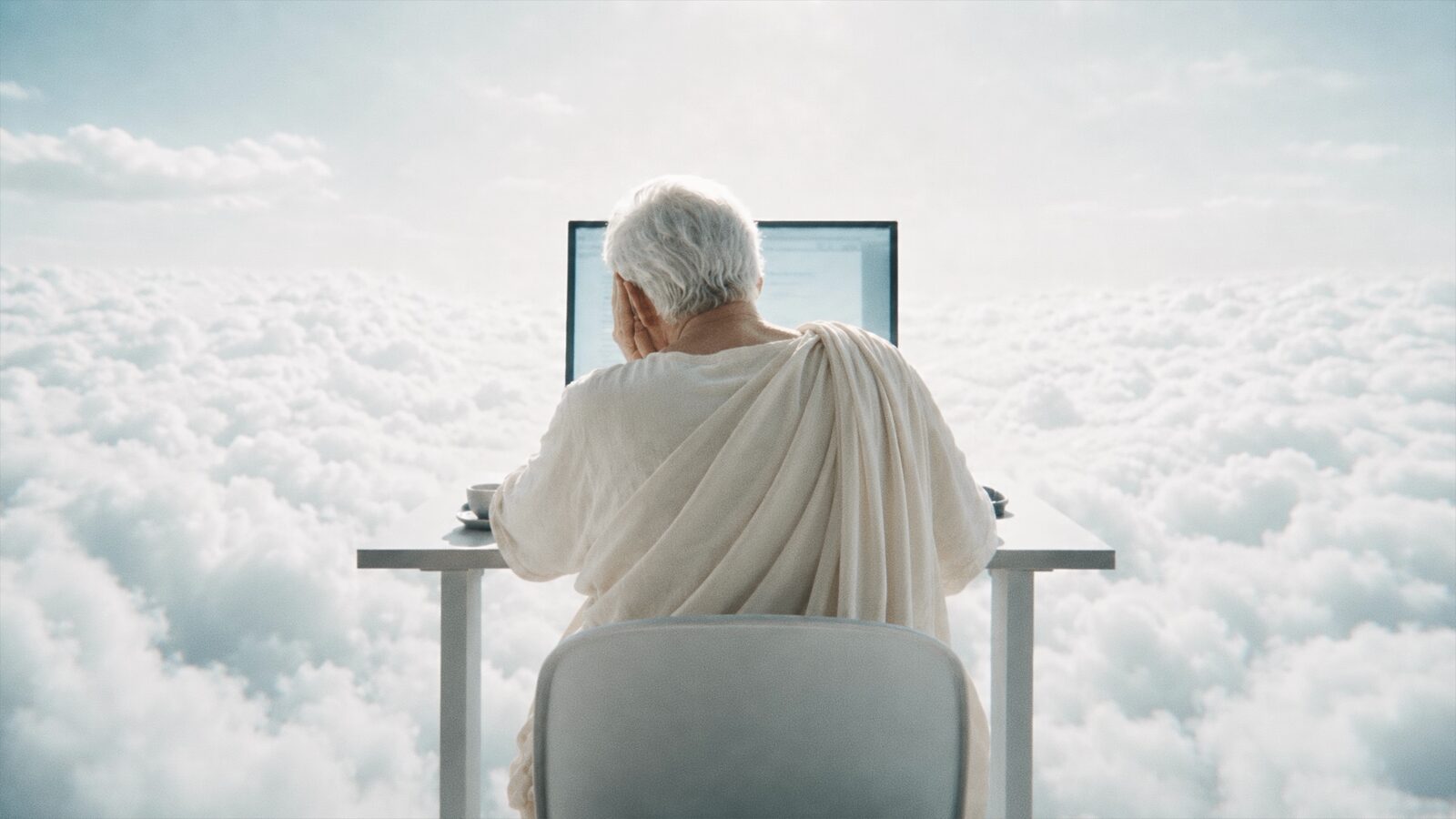 A figure in white robes at a desk above the clouds, seen from behind.