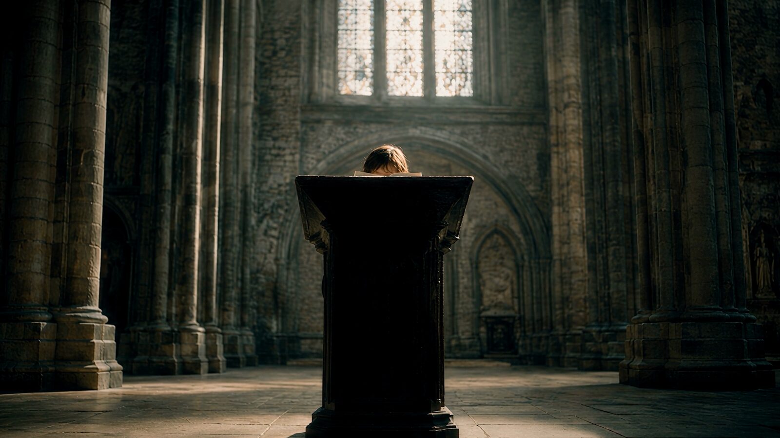A pulpit in an empty cathedral, a head just visible behind it.
