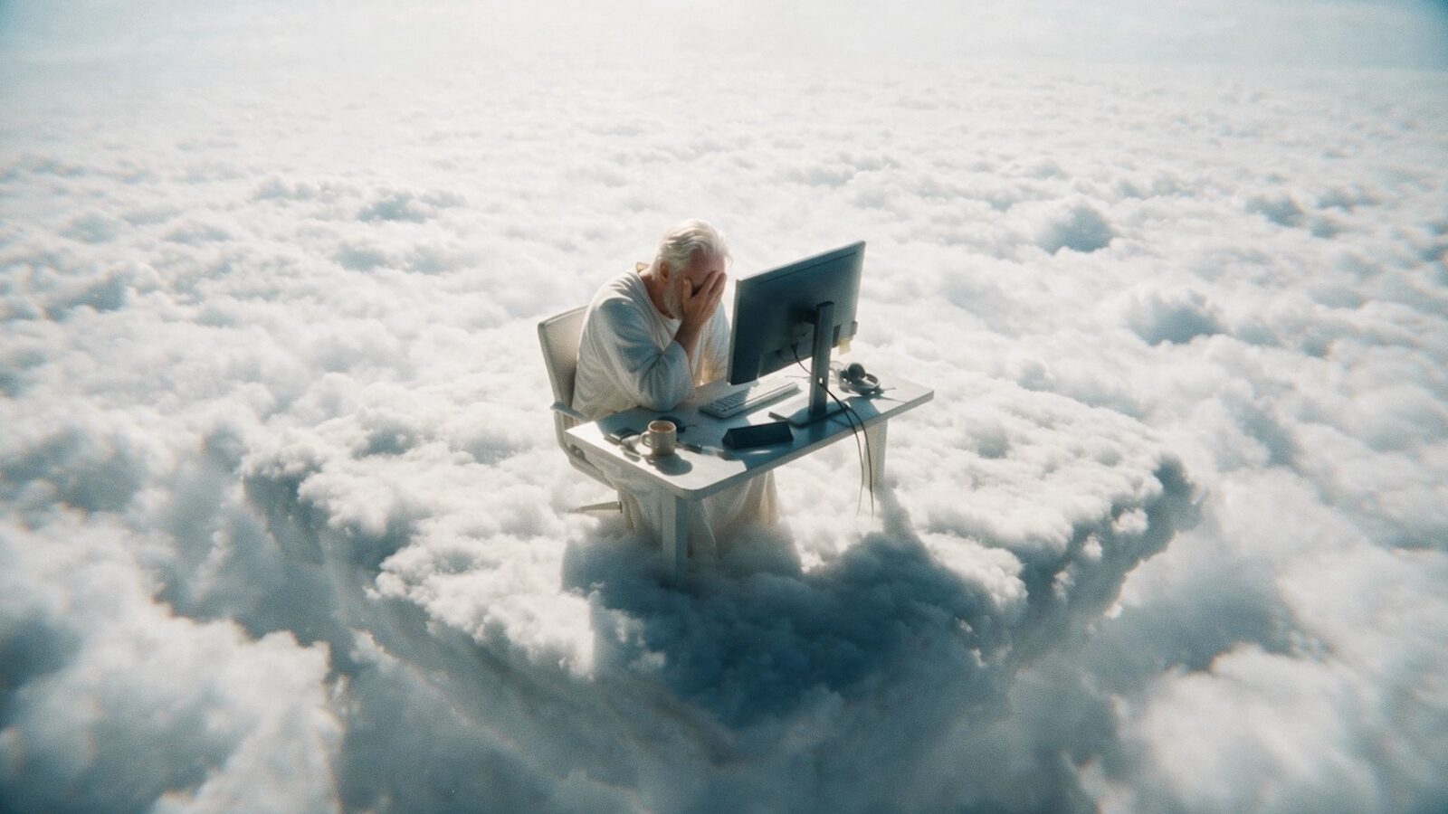 God at his desk on a bank of cloud, head in his hands.